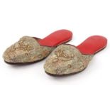 Pair of leather oriental Chinese wedding slippers with gold braiding, 27cm long : For Condition