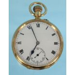 Gentleman's 18ct gold open faced pocket watch, 4.5cm diameter, approximate weight 96.9g : For