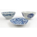 Two oriental Chinese porcelain dragon bowls and a small six-sided dish, character marks to bases,