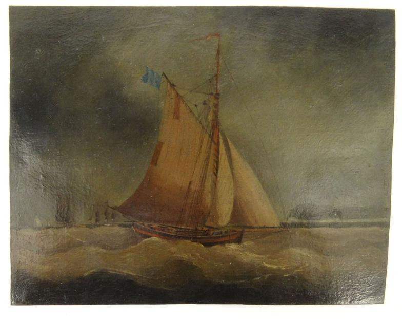 Victorian oil onto copper panel of a sailing ship in choppy seas, 20cm x 16cm : For Condition