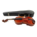 Wooden violin, paper label for Antonius Stradiuarius Cremonetis, the back 35cm long : For
