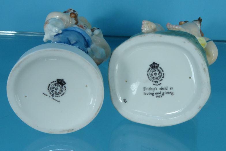 Two Royal Worcester china figures - Friday's Child Is Loving And Giving 3523 and a boy holding dogs, - Image 3 of 4