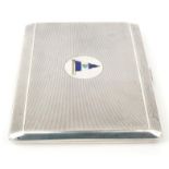 Rectangular silver cigarette case with engine turned and enamel pennant decoration, hallmarked