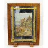 Art Deco mirrored firescreen decorated with a print of A Quiet Retreat, 60cm high : For Condition