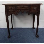 Antique carved oak lowboy fitted with three drawers, 70cm high x 73cm wide x 47cm deep : For