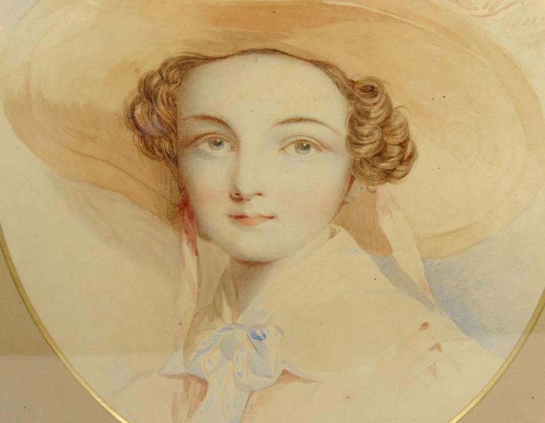 Oval framed watercolour of a young girl in a bonnet, J.N.S. Hill, Carvers, Gilders and Picture - Image 3 of 4