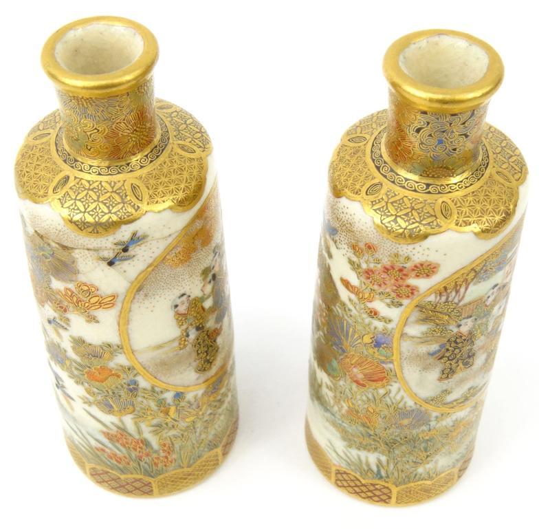 Pair of oriental Japanese Satsuma Pottery vases, finely hand painted with flowers and scenes, - Image 4 of 7