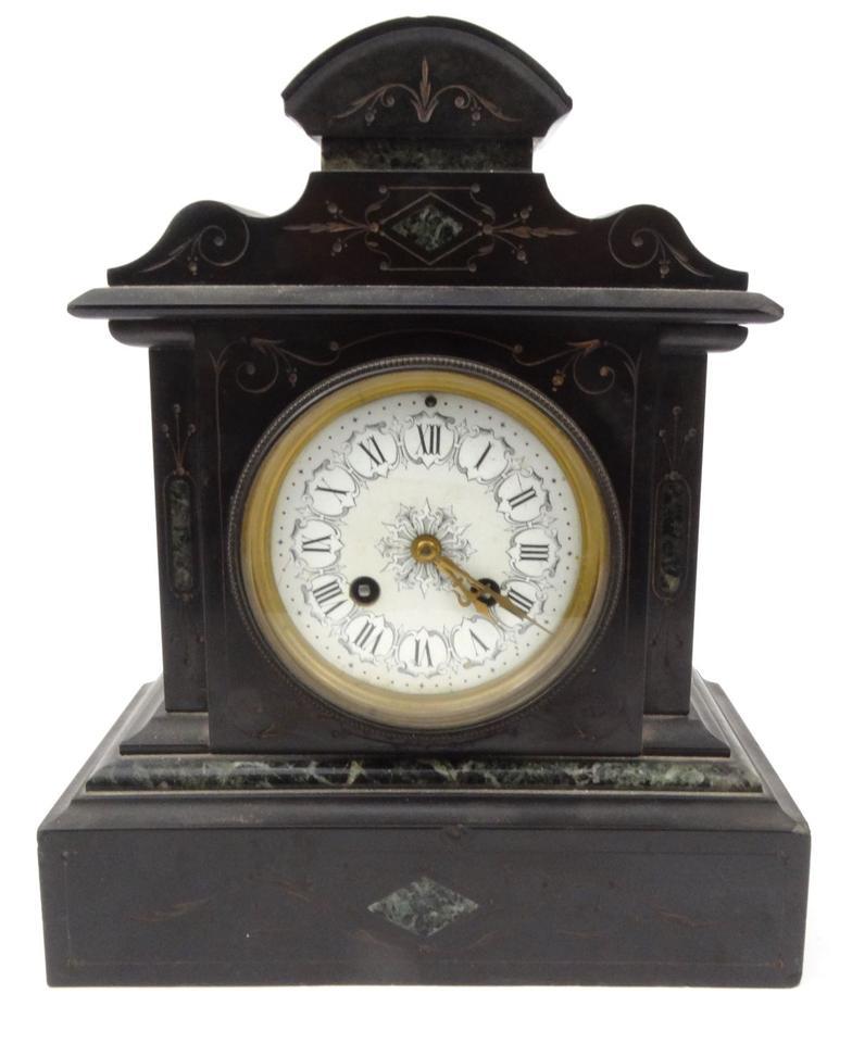 Victorian black slate mantel clock with white floral enamel dial, striking on a bell, 30cm high : - Image 3 of 10