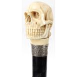 Carved ivory skull head and snake walking stick, 93cm long : For Condition Reports please visit