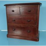 Mahogany four drawer apprentice chest, 28cm high x 28.5cm wide x 19cm deep : For Condition Reports