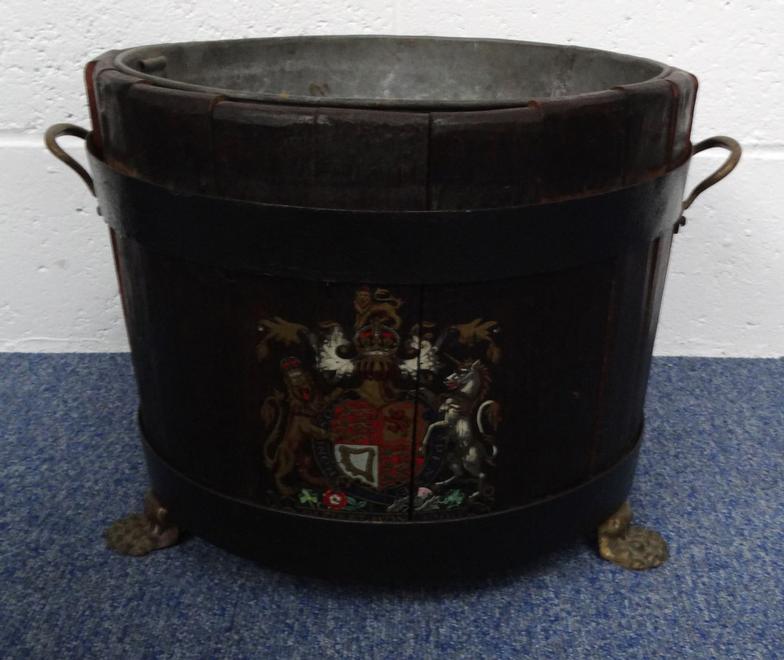 Antique metal bound oak bucket with paw feet and painted crest : For Condition Reports please