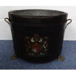 Antique metal bound oak bucket with paw feet and painted crest : For Condition Reports please