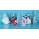 Selection of collectable china figures comprising three Royal Doulton, two Royal Worcester, Coalport