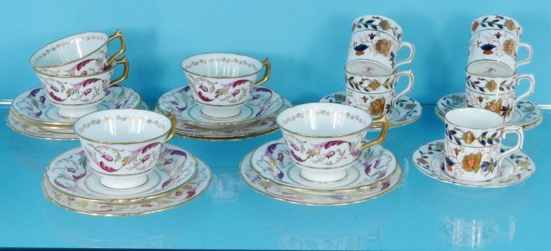 Five Royal Crown Derby trios and five Royal Crown Derby Imari patterned coffee cans and saucers :