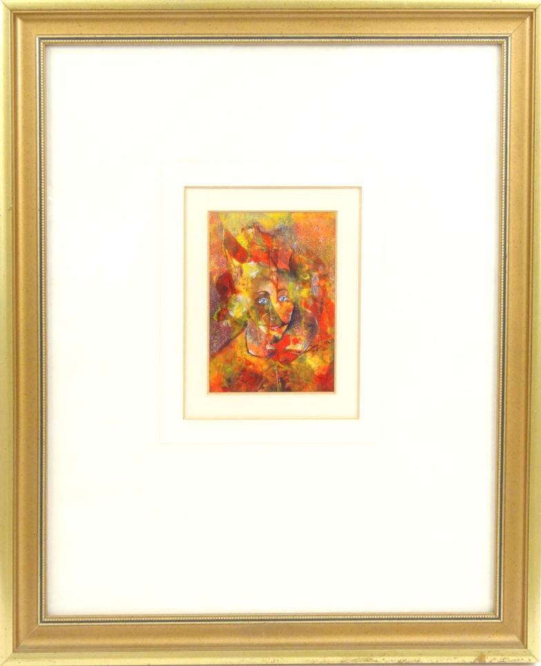 Rosemar Booth - Watercolour of an abstract lady, mounted and framed, paper label to reverse, 13cm - Image 2 of 5