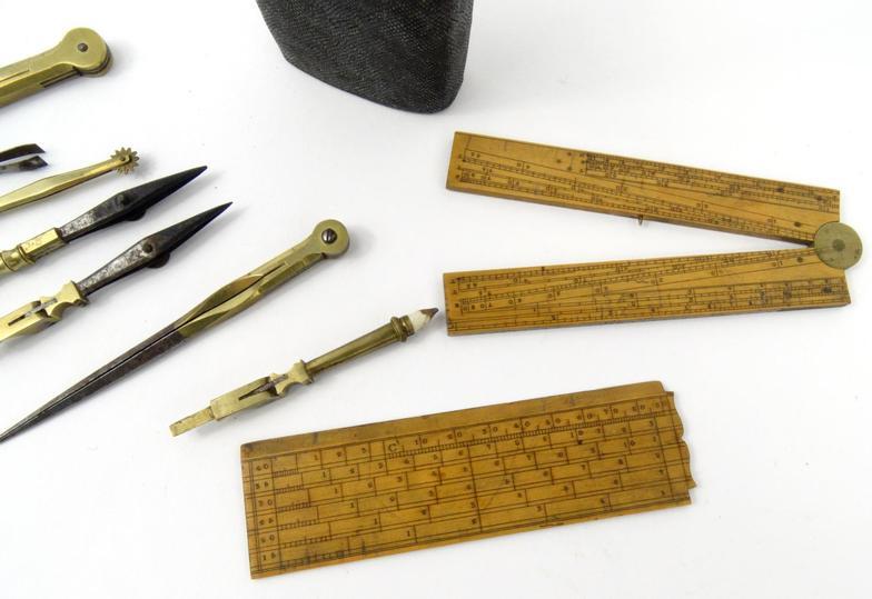 Victorian shagreen cased instrument set including wooden folding ruler for T. Bolton, 15cm high : - Image 3 of 4