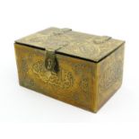 Middle Eastern rectangular brass box with embossed and chased decoration and script, 11cm in