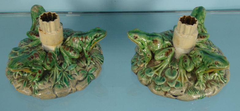 Two Minton Majolica pottery frog bases, impressed marks and numbered 6011, each 12cm diameter : - Image 2 of 9