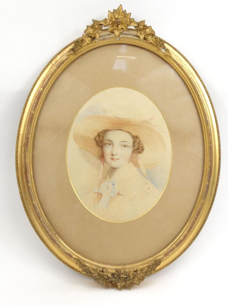 Oval framed watercolour of a young girl in a bonnet, J.N.S. Hill, Carvers, Gilders and Picture
