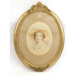 Oval framed watercolour of a young girl in a bonnet, J.N.S. Hill, Carvers, Gilders and Picture