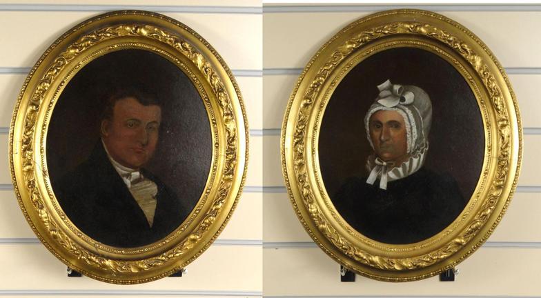 Pair of antique oil onto boards of husband and wife - Huldahfisk and her husband James Green, in
