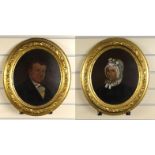 Pair of antique oil onto boards of husband and wife - Huldahfisk and her husband James Green, in