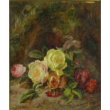 C. Claus?  - Oil onto canvas of still life roses, mounted and framed, 28cm x 24cm excluding the