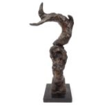 Abstract bronze sculpture of a nude lady holding a fish aloft, 43cm high : For Condition Reports