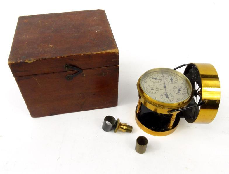 Brass air meter, number 1043, with silvered dial, housed in a wooden box, 9cm high : For Condition - Image 2 of 3