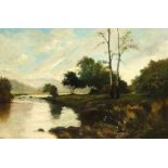 Oil onto canvas of a wooded stream, indistinctly signed and dated, gilt framed, 49cm x 75cm : For