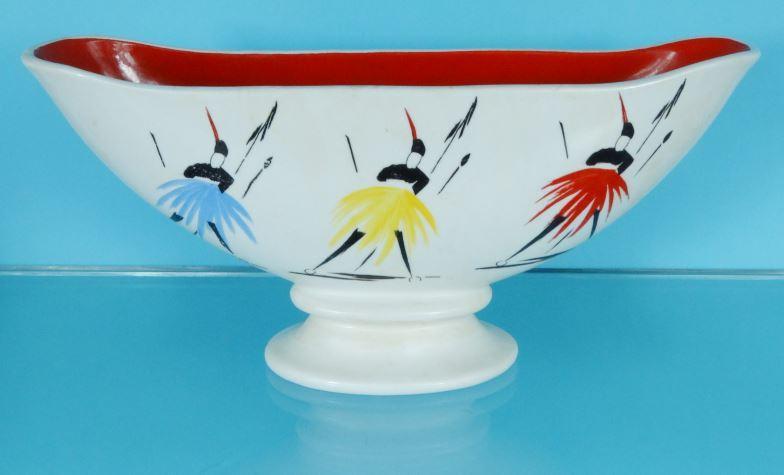 Burleigh ware Art Deco fruit bowl hand painted with figures, 28.5cm long : For Condition Reports