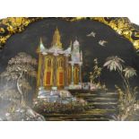 Victorian mother of pearl inlaid papier maché tray decorated with a house, stamped 'Jennens &