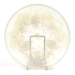 Circular Lalique style opalescent and frosted glass dish moulded with grapevine and a central male's