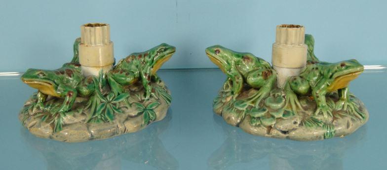 Two Minton Majolica pottery frog bases, impressed marks and numbered 6011, each 12cm diameter :