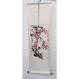 Oriental scroll decorated with pink flowers and script, 163cm long : For Condition Reports please