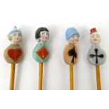 Four novelty bisque playing card pencils hand painted with novelty heads, 11cm long : For