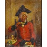 Military portrait oil onto board of an old gentleman in red coat drinking and eating, mounted in a