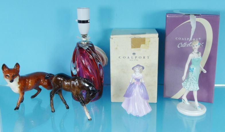 Two Coalport china figurines, Beswick fox and horse and a Whitefriars style glass table lamp : For