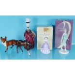 Two Coalport china figurines, Beswick fox and horse and a Whitefriars style glass table lamp : For