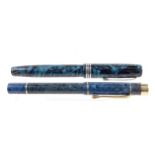 Onoto The Pen blue marbleised fountain pen together with another blue marbleised pen with 303