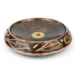 Sam Fanoroff abstract copper dish with cabochon set stone roundels, 45cm wide : For Condition