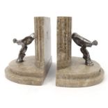 Pair of motoring interest silver Spirit of Ecstasy book ends on hardstone bases, 13cm high : For