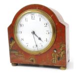 Oriental Chinese red lacquered mantel clock decorated with figures, 13cm high : For Condition