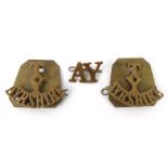 Military interest Ayrshire Regiment brass badges, together with an AY example, each 5cm wide : For