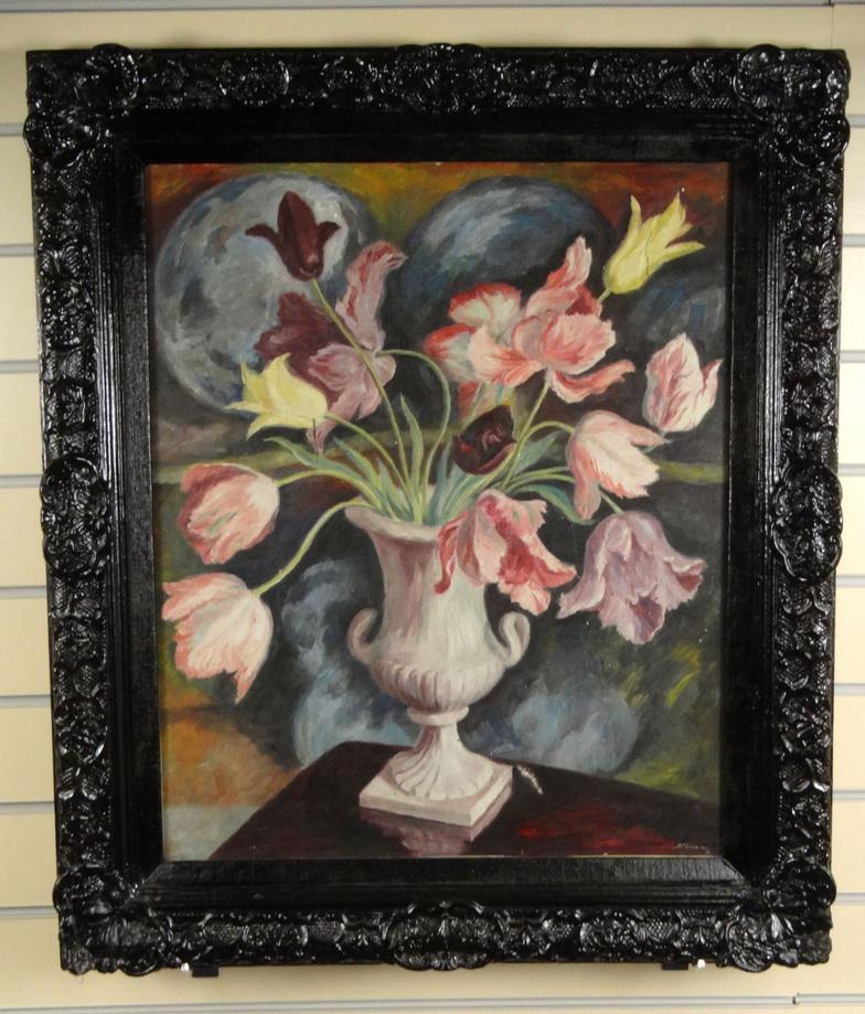 Margaret Niven - Tulips - Oil onto canvas in a black painted wooden frame, 60cm x 49cm excluding the - Image 2 of 5