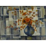 Oil onto canvas still life study of a vase of flowers before a geometric background, bearing a