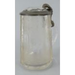 Victorian Continental cut glass tankard, etched with a deer amongst trees, the pewter lid