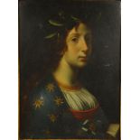 Continental School oil onto wood panel of a young girl with laurel leaf crown, mounted in a carved