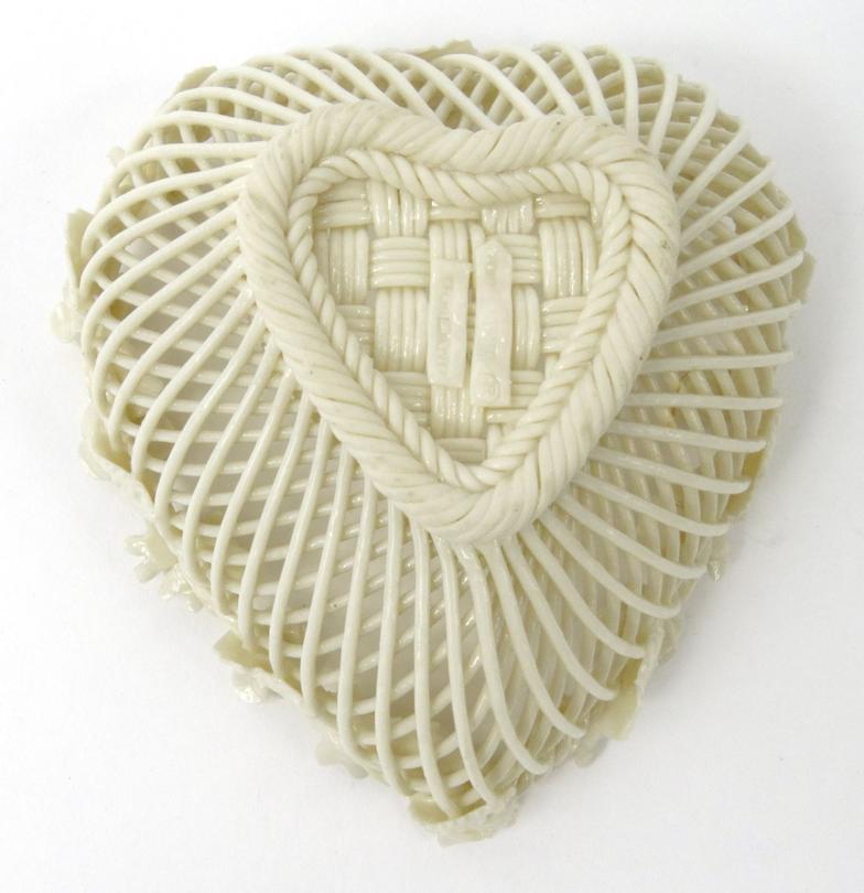 Belleek pierced floral heart shaped china basket, impressed Belleek mark to base, 12cm long : For - Image 8 of 8