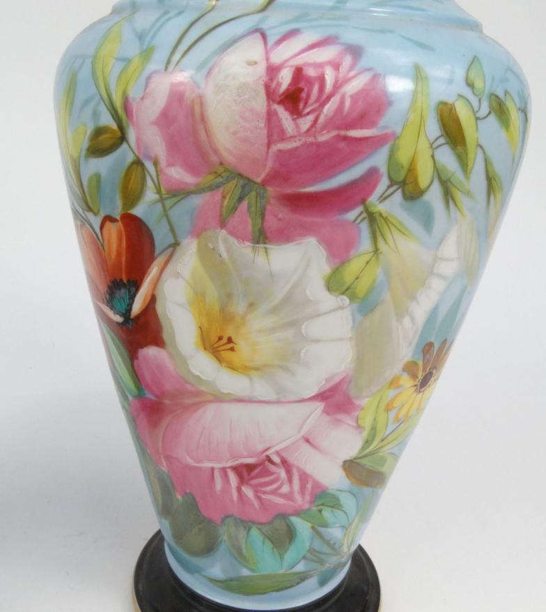 Pair of Victorian continental porcelain vases hand painted with flowers, 34cm high : For Condition - Image 2 of 10